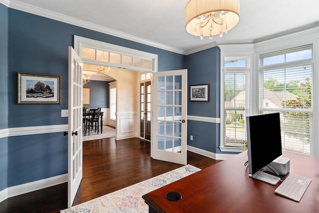 2224 Fothergill Dr, Evans, GA 30809 - office area with french doors, arched walkways, a chandelier, wood finished floors, and crown molding