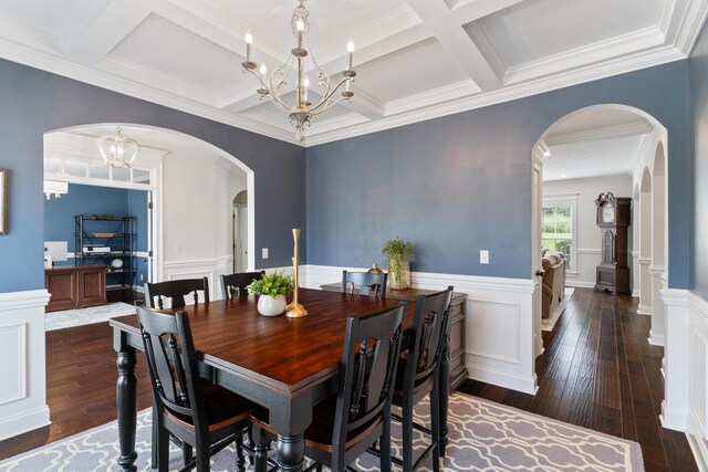 2224 Fothergill Dr, Evans, GA 30809 - dining room with a chandelier, wood-type flooring, arched walkways, coffered ceiling, and beam ceiling