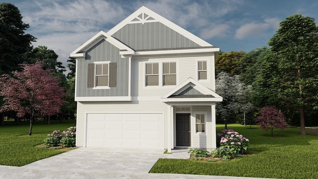 view of front facade featuring a front yard, a garage, board and batten siding, and driveway