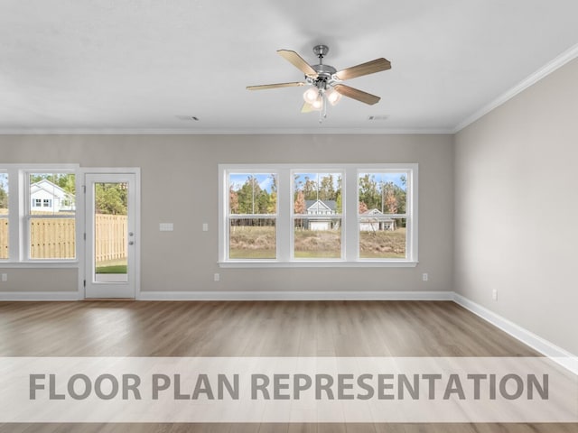 unfurnished room featuring ornamental molding, ceiling fan, baseboards, and wood finished floors