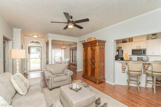 2108 Glenn Fls, Grovetown, GA 30813 - living area featuring light wood finished floors, a ceiling fan, crown molding, a textured ceiling, and ornate columns