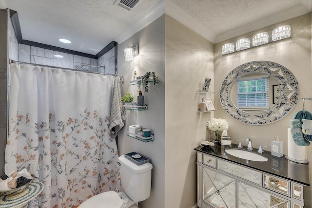 2206 Sandra Ct, Augusta, GA 30906 - full bath with a textured ceiling, toilet, vanity, a shower with curtain, and crown molding