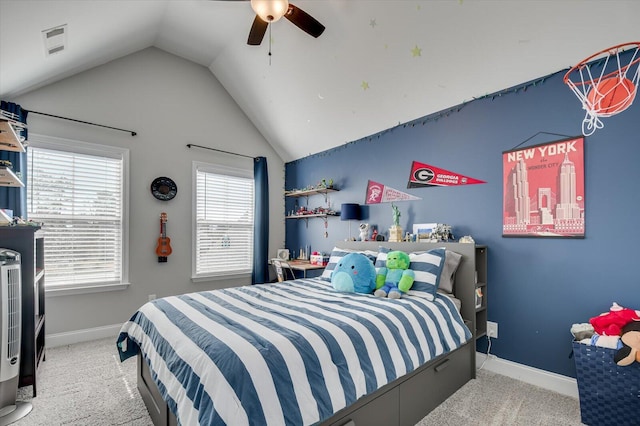 bedroom featuring visible vents, baseboards, carpet, and vaulted ceiling