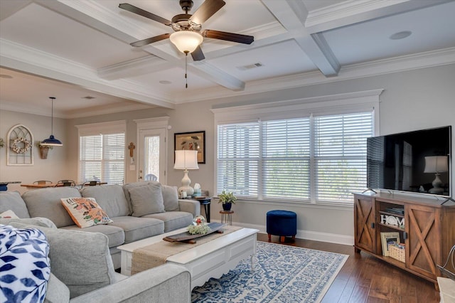 living room featuring visible vents, coffered ceiling, beamed ceiling, and dark wood finished floors