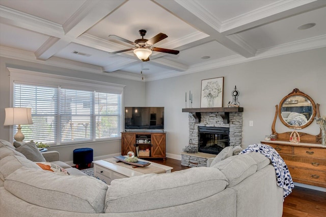 living room with dark wood-style floors, visible vents, a fireplace, and coffered ceiling