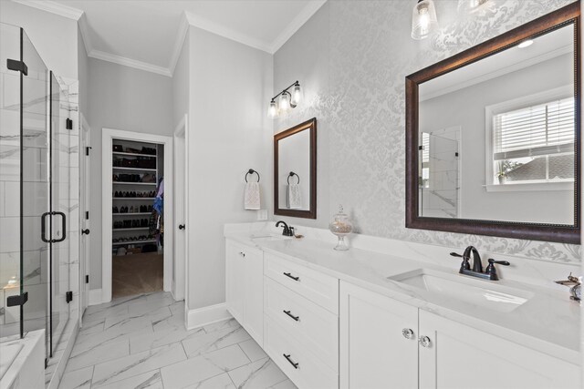 1037 Bartram Rdg, Evans, GA 30809 - bathroom featuring a shower stall, double vanity, ornamental molding, marble look tiles, and a walk in closet