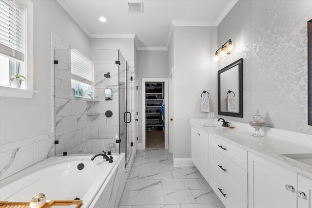 1037 Bartram Rdg, Evans, GA 30809 - full bathroom featuring a stall shower, double vanity, marble look tiles, a bath, and ornamental molding