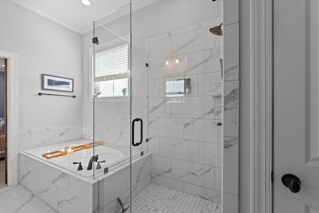 1037 Bartram Rdg, Evans, GA 30809 - full bath featuring a marble finish shower, a bath, and ornamental molding