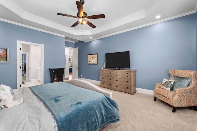 1037 Bartram Rdg, Evans, GA 30809 - carpeted bedroom with ornamental molding, a raised ceiling, recessed lighting, ensuite bath, and ceiling fan