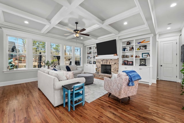 1037 Bartram Rdg, Evans, GA 30809 - living area featuring wood finished floors, a fireplace, ceiling fan, recessed lighting, and coffered ceiling