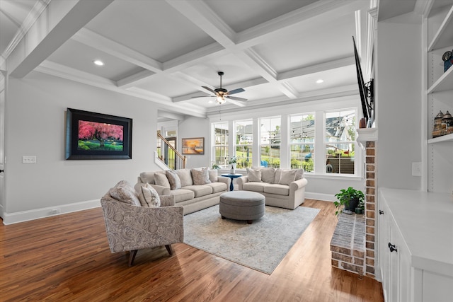 1037 Bartram Rdg, Evans, GA 30809 - living room featuring stairway, wood finished floors, ceiling fan, beam ceiling, and recessed lighting