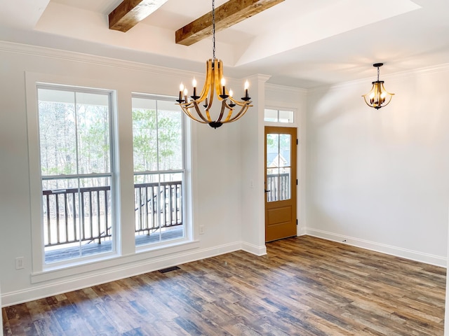 interior space with baseboards, visible vents, dark wood-style flooring, beamed ceiling, and a notable chandelier