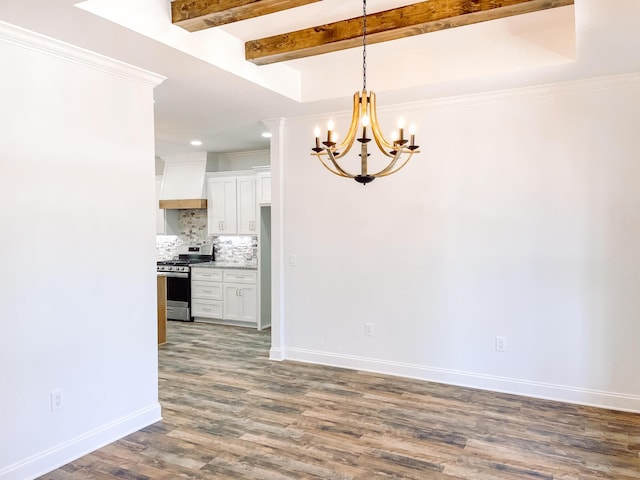 interior space featuring decorative backsplash, dark wood-type flooring, premium range hood, beam ceiling, and gas stove