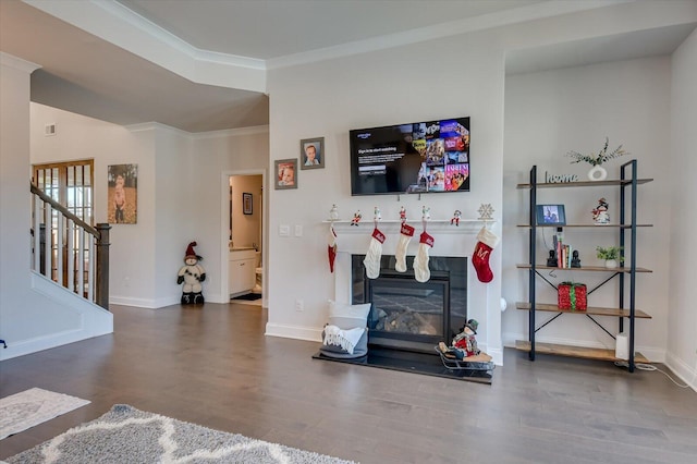 living room featuring dark hardwood / wood-style floors and crown molding