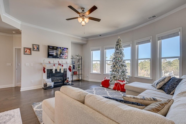 living room with crown molding, ceiling fan, and dark wood-type flooring