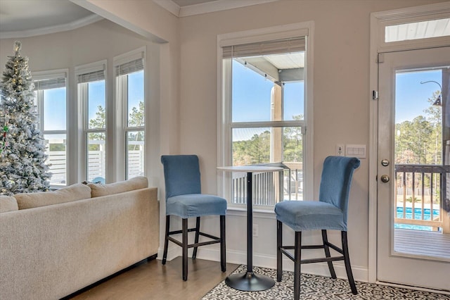 living area with ornamental molding, light hardwood / wood-style flooring, and a healthy amount of sunlight