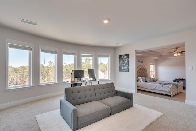 carpeted bedroom with a raised ceiling and ceiling fan