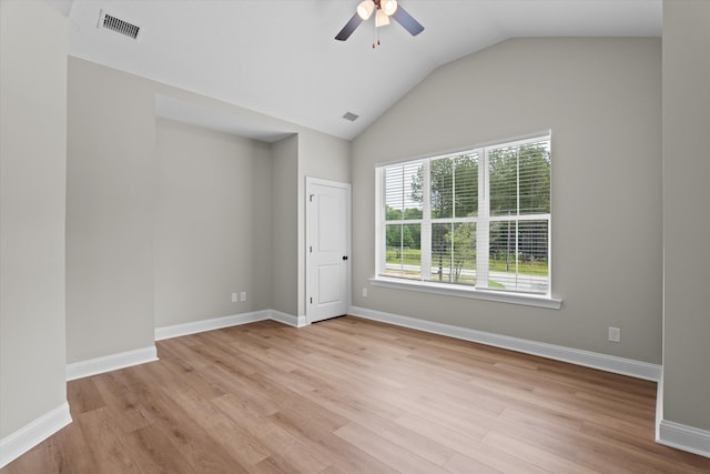 651 Moose Club Rd, Thomson, GA 30824 - unfurnished room with a ceiling fan, light wood-type flooring, vaulted ceiling, and baseboards