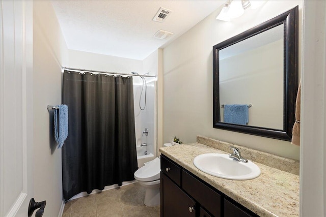 bathroom featuring visible vents, toilet, shower / bath combo, tile patterned flooring, and vanity