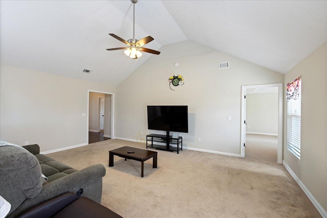 carpeted living area with high vaulted ceiling, baseboards, visible vents, and ceiling fan