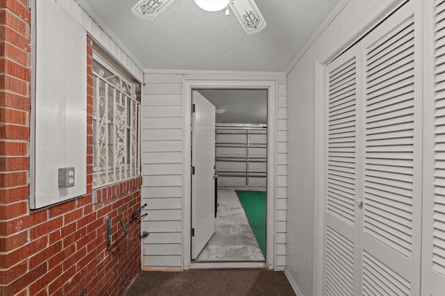 118 E Hale St, Augusta, GA 30901 - corridor with a textured ceiling, ornamental molding, dark colored carpet, and brick wall