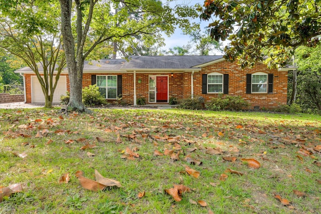 single story home featuring an attached garage, brick siding, and crawl space