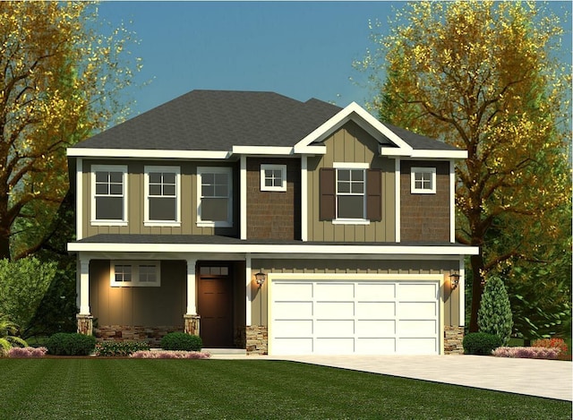 view of front of home featuring an attached garage, driveway, stone siding, board and batten siding, and a front yard