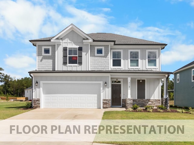 view of front facade featuring driveway, stone siding, an attached garage, covered porch, and board and batten siding