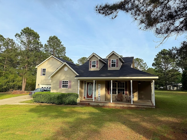 view of front of home with a porch, a front yard, driveway, and an attached garage