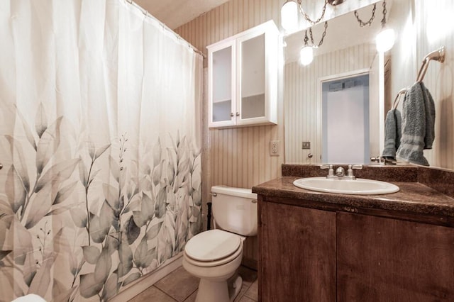 503 Mckenzie Ct, North Augusta, SC 29841 - bathroom featuring wallpapered walls, vanity, tile patterned flooring, and curtained shower