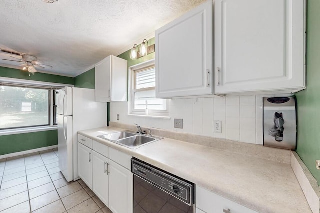 503 Mckenzie Ct, North Augusta, SC 29841 - kitchen with black dishwasher, white cabinets, a ceiling fan, light countertops, and a textured ceiling