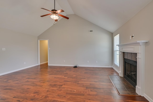 2731 Ashton Dr, Hephzibah, GA 30815 - unfurnished living room with visible vents, a fireplace, high vaulted ceiling, a ceiling fan, and dark wood finished floors