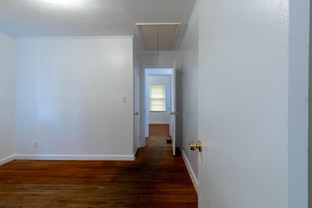 hallway with ornamental molding and dark wood-type flooring