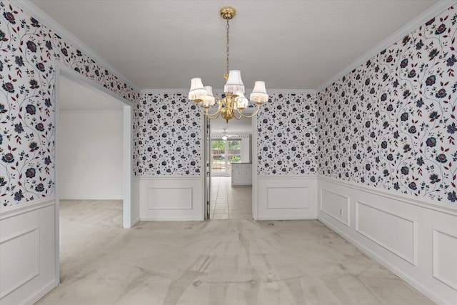 114 Sigman Pl, Martinez, GA 30907 - unfurnished dining area with wallpapered walls, crown molding, wainscoting, a chandelier, and light colored carpet