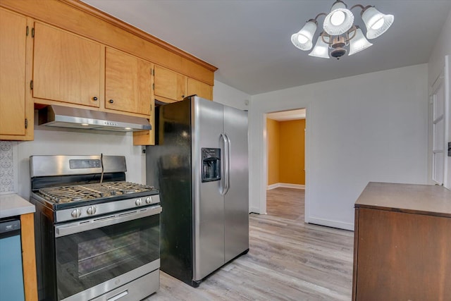 kitchen featuring under cabinet range hood, light wood finished floors, baseboards, and appliances with stainless steel finishes