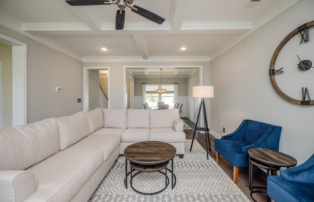 6047 Bakerville Ln, North Augusta, SC 29860 - living room featuring coffered ceiling, wood finished floors, a ceiling fan, beam ceiling, and ornamental molding
