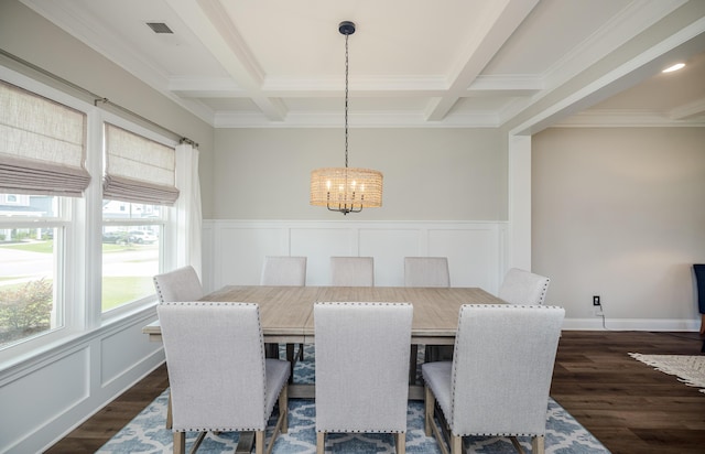 6047 Bakerville Ln, North Augusta, SC 29860 - dining area with coffered ceiling, a chandelier, beamed ceiling, crown molding, and dark wood-style floors