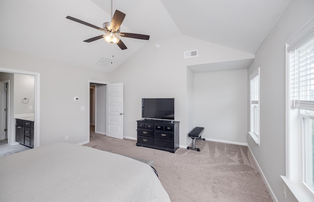 6047 Bakerville Ln, North Augusta, SC 29860 - bedroom featuring vaulted ceiling, light carpet, ceiling fan, and ensuite bathroom