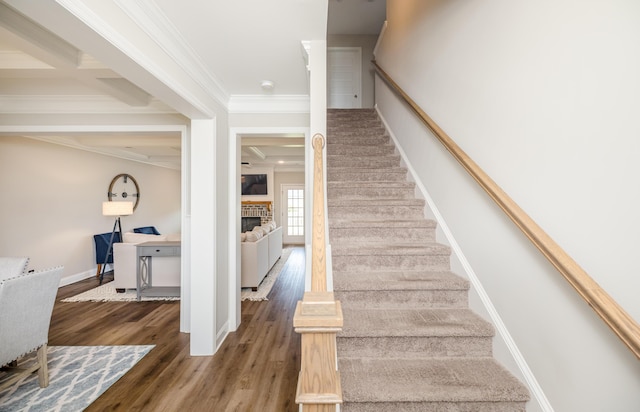 6047 Bakerville Ln, North Augusta, SC 29860 - stairs featuring a fireplace, wood finished floors, crown molding, and beam ceiling