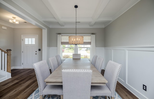 6047 Bakerville Ln, North Augusta, SC 29860 - dining room featuring a chandelier, stairway, a decorative wall, beamed ceiling, and dark wood-style floors