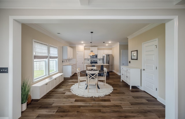 6047 Bakerville Ln, North Augusta, SC 29860 - dining room featuring dark wood-type flooring, recessed lighting, and crown molding