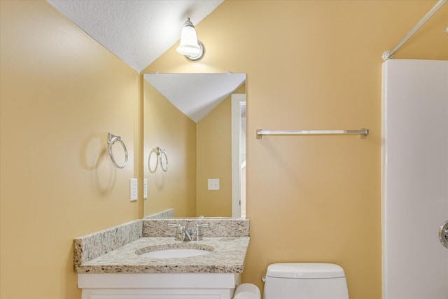 bathroom featuring toilet, vanity, and vaulted ceiling