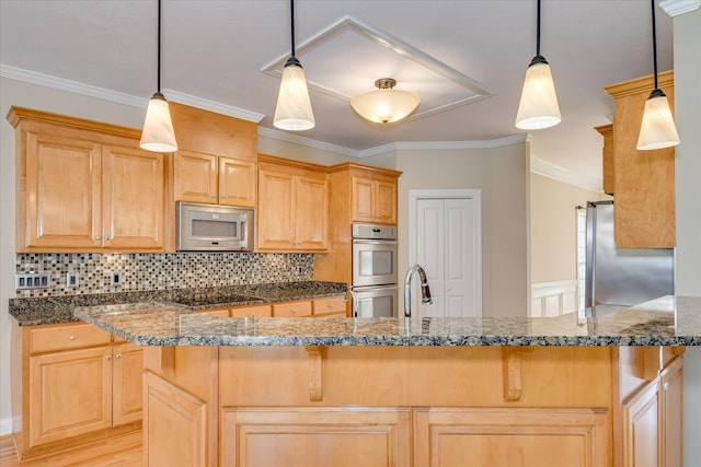 kitchen with appliances with stainless steel finishes, a breakfast bar, decorative backsplash, crown molding, and light brown cabinetry