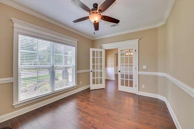 1164 Waltons Pass, Evans, GA 30809 - spare room with french doors, hardwood / wood-style floors, a chandelier, ceiling fan, and ornamental molding