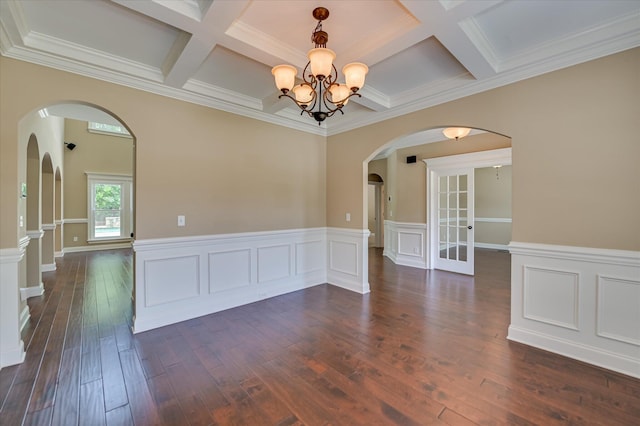 1164 Waltons Pass, Evans, GA 30809 - unfurnished room featuring coffered ceiling, arched walkways, a chandelier, dark wood finished floors, and beamed ceiling