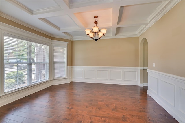 1164 Waltons Pass, Evans, GA 30809 - unfurnished room featuring a chandelier, coffered ceiling, arched walkways, beamed ceiling, and dark wood-type flooring