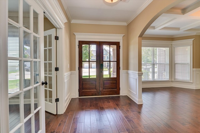 1164 Waltons Pass, Evans, GA 30809 - entrance foyer with french doors, arched walkways, dark wood finished floors, crown molding, and wainscoting