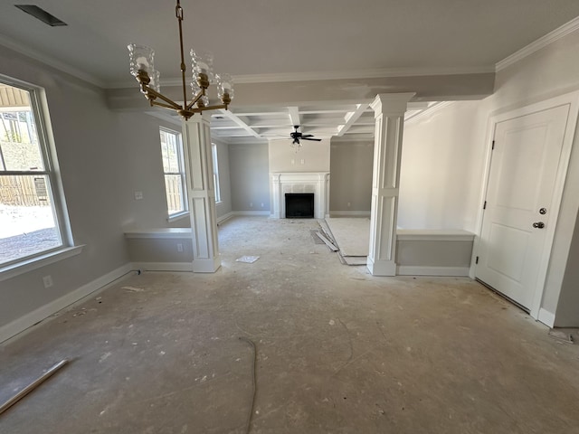 unfurnished living room with a fireplace, coffered ceiling, baseboards, ornate columns, and crown molding