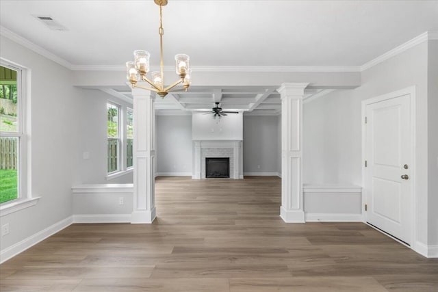5085 Anna Way Unit Fb28, North Augusta, SC 29841 - unfurnished living room featuring ceiling fan, a fireplace, a chandelier, crown molding, and wood finished floors