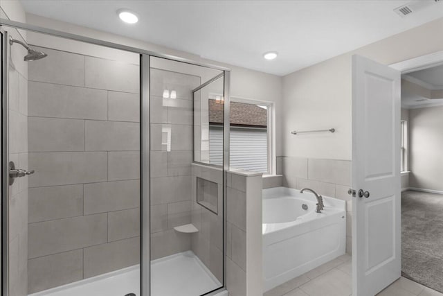 5085 Anna Way Unit Fb28, North Augusta, SC 29841 - bathroom featuring a garden tub, a stall shower, tile patterned flooring, and recessed lighting